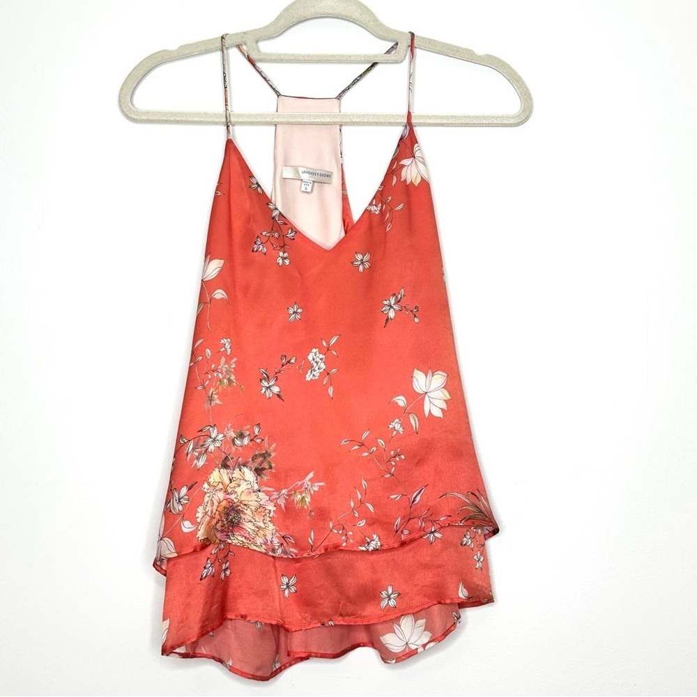 Lavender Brown Silk Floral Blouse Orange Sleeveless Pullover Top Shirt